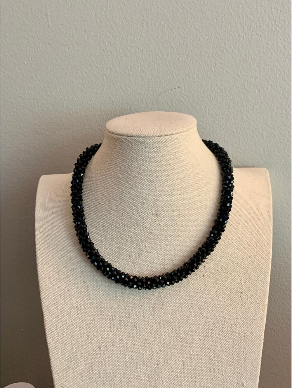 Vintage Signed Tubular Mesh Black Faceted Crystal Choker Necklace Adjustable